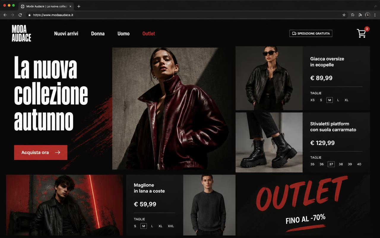 Seconda demo moda: variante scura con griglia prodotti e outlet
