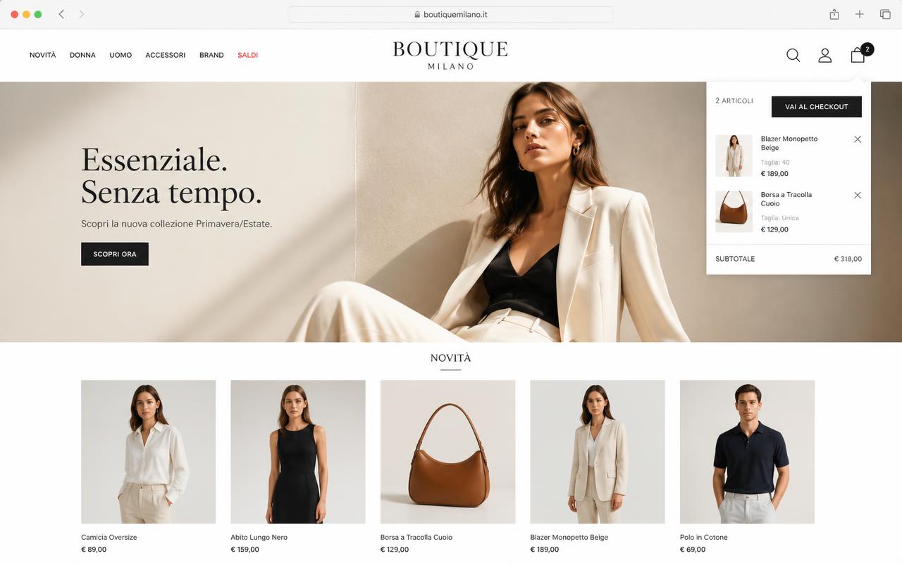 Home della demo e-commerce moda con carrello aperto